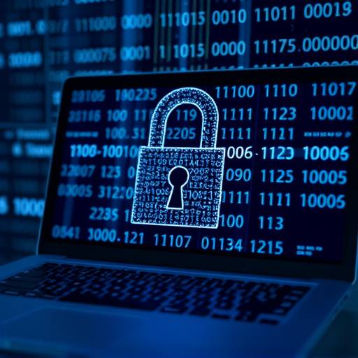 Un computer con uno schermo che mostra un codice binario e un lucchetto