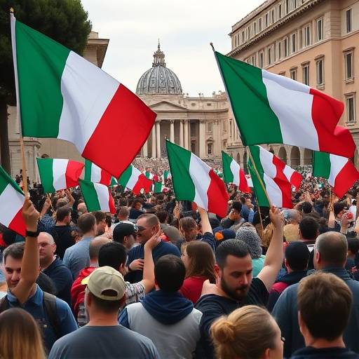 Un'immagine che rappresenta una manifestazione a Roma, con persone che sventolano bandiere italiane.